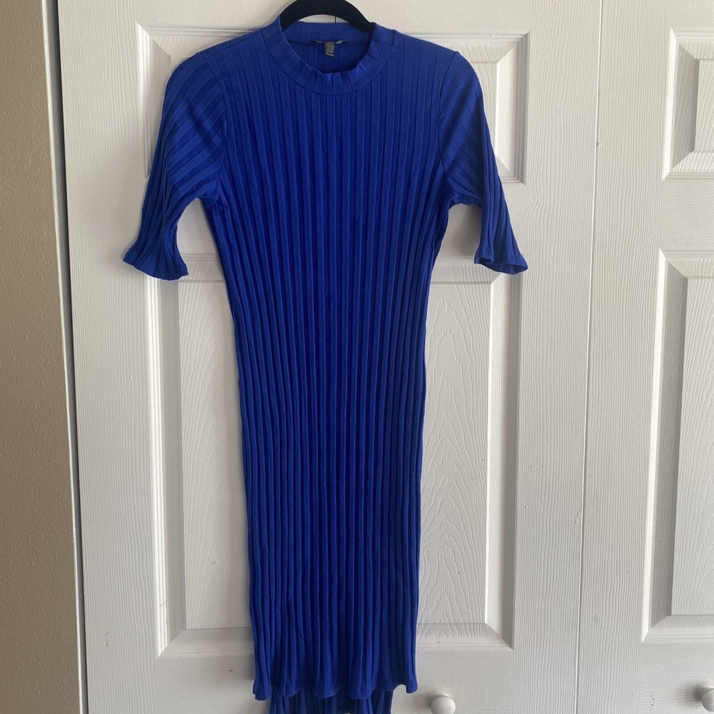 Eileen Fisher Ribbed Knit‎ Midi Dress Womens Size PM Blue Tencel Mock Neck PM